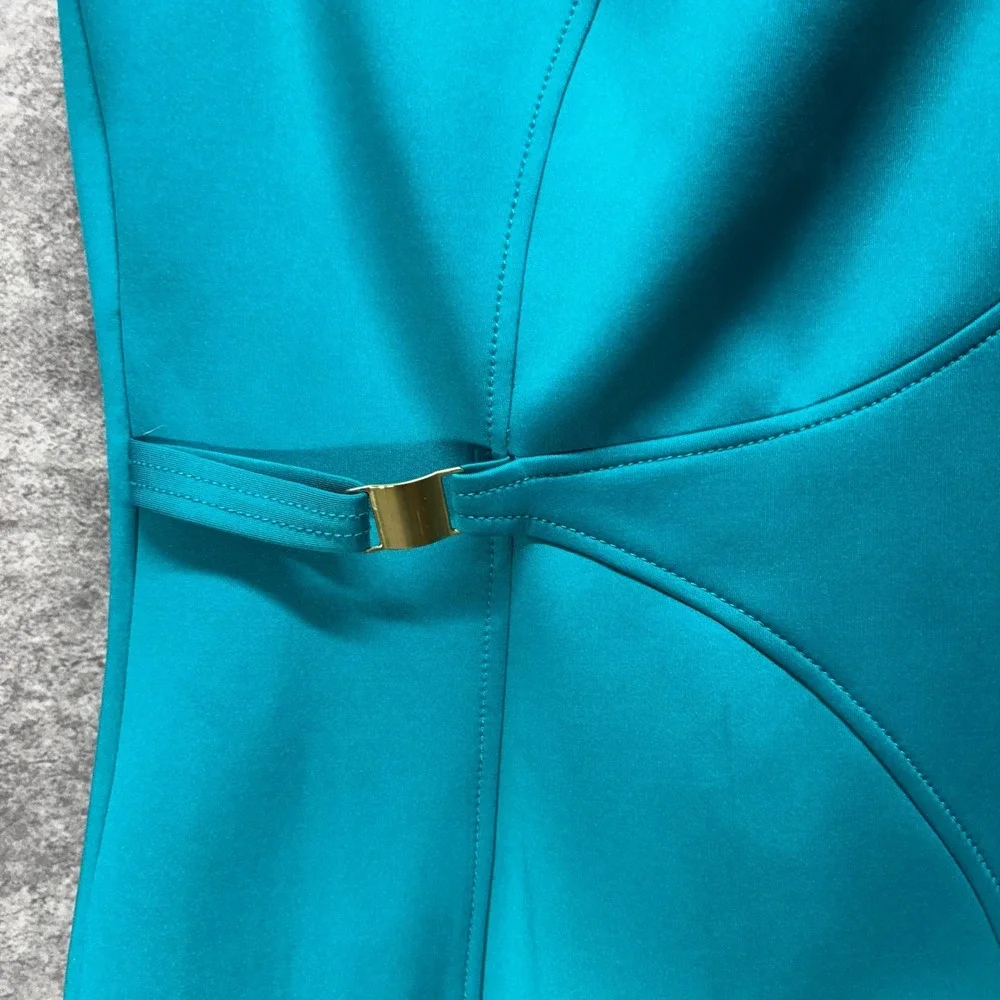 Calvin Klein Scuba Knit Sheath Dress Size 10 Teal Blue Buckle Cut Out Career - Picture 4 of 7